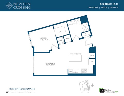 Floor plan for 1 bed, 1 bath, 771 sqft